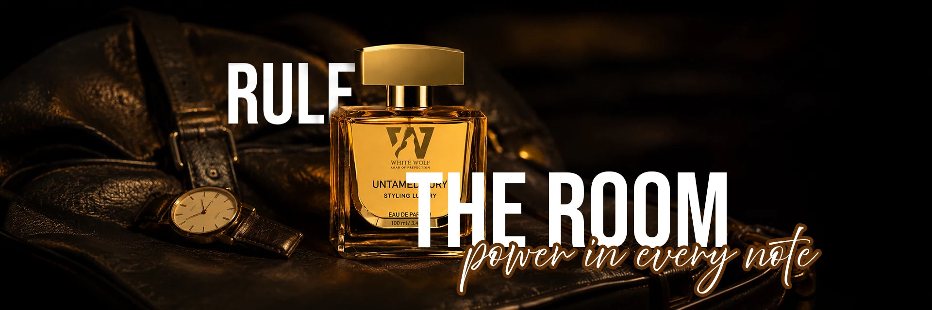 White Wolf Untamed Fury Eau de Parfum bottle with luxury watch on black leather. "Rule the room with power in every note" - masculine luxury fragrance.