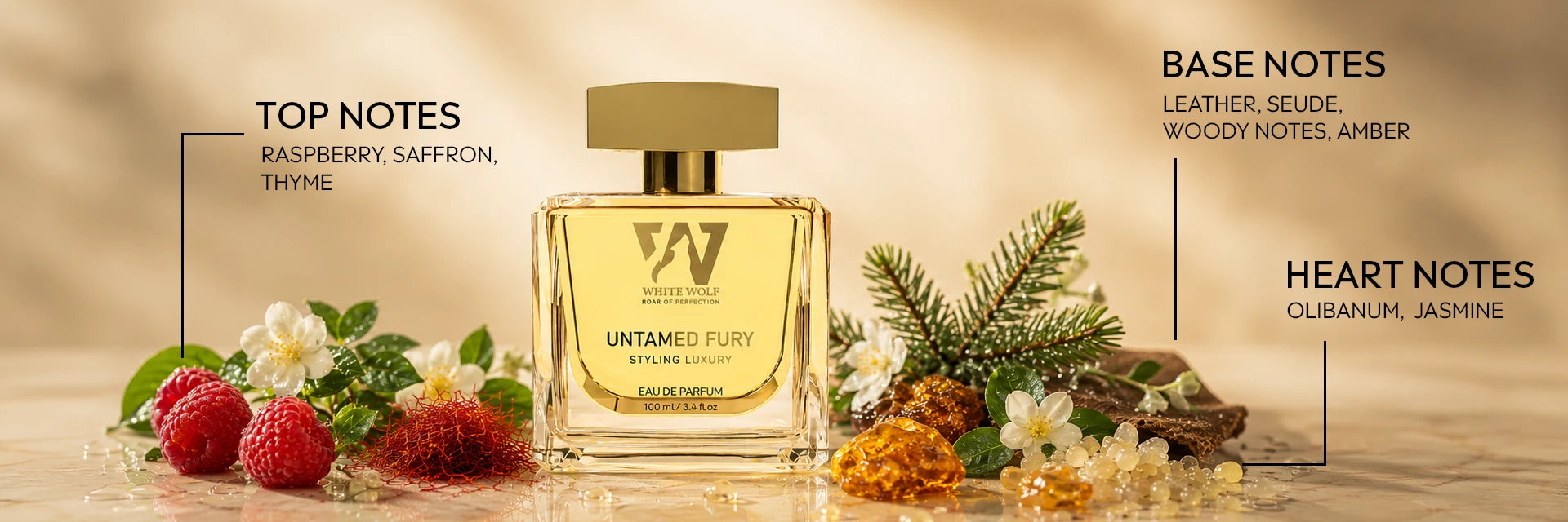 White Wolf Untamed Fury perfume bottle surrounded by ingredients. Top notes: Raspberry, Saffron, Thyme. Heart: Olibanum, Jasmine. Base: Leather, Amber, Woody notes.