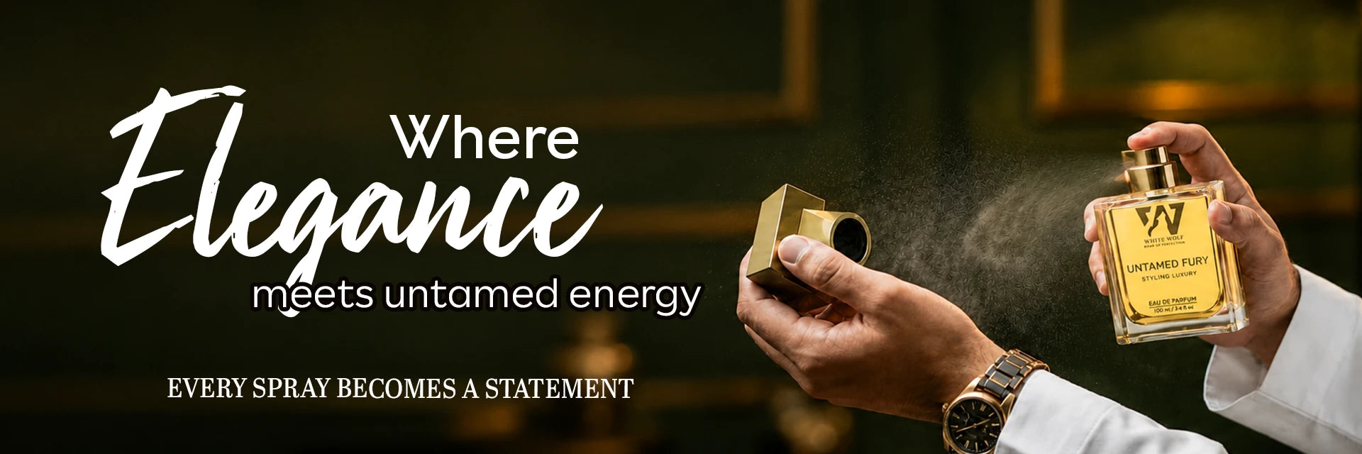 Elegant hands spraying White Wolf Untamed Fury luxury perfume. "Where elegance meets untamed energy. Every spray becomes a statement."