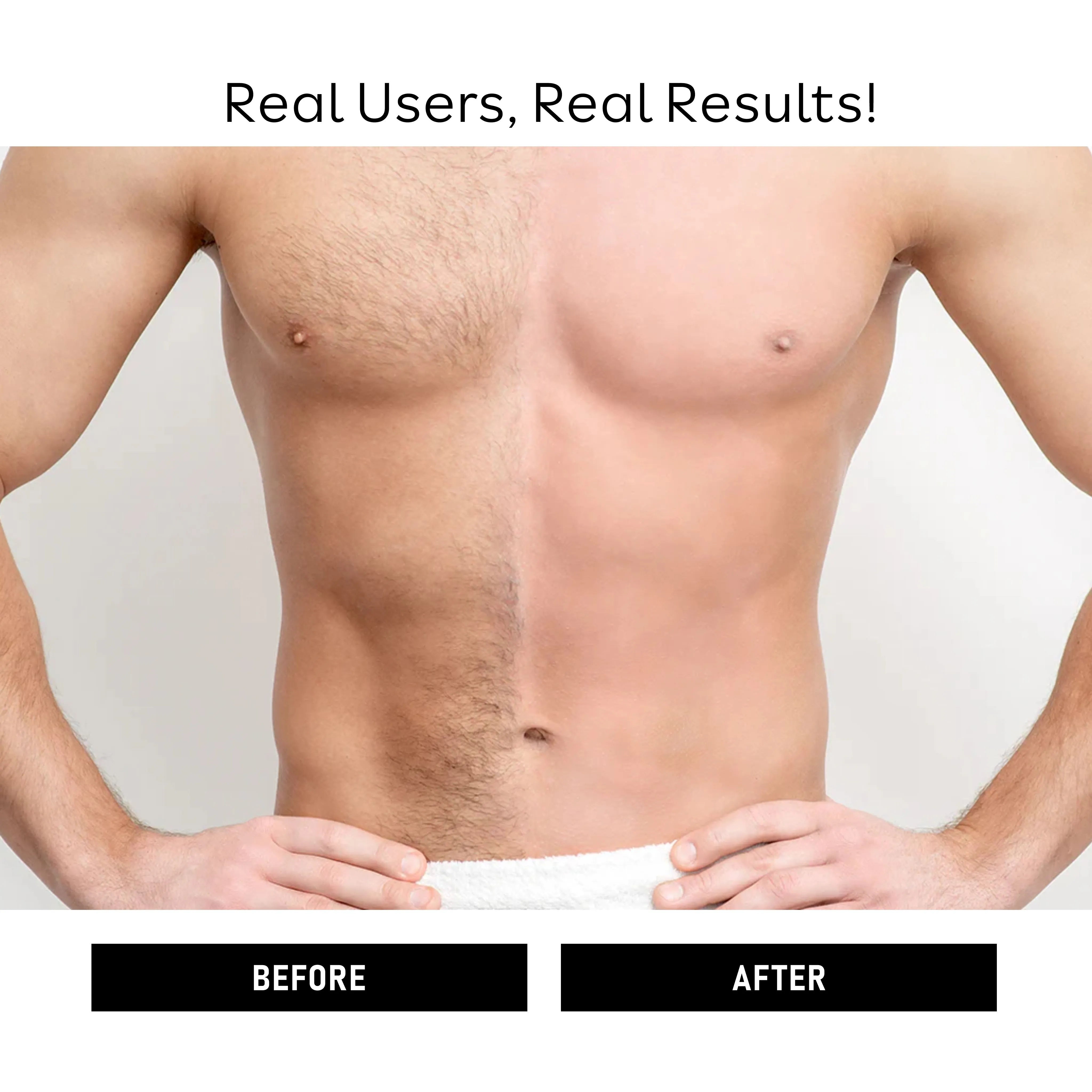 user result  after applying hair removal spray on chest before and after